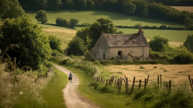 A country road with a house in the background