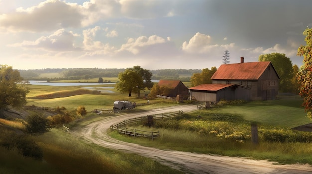 A country road with a house and a house in the background