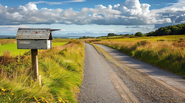 Foto strada di campagna con una cassetta postale sul lato campi verdi e cielo blu con nuvole sullo sfondo