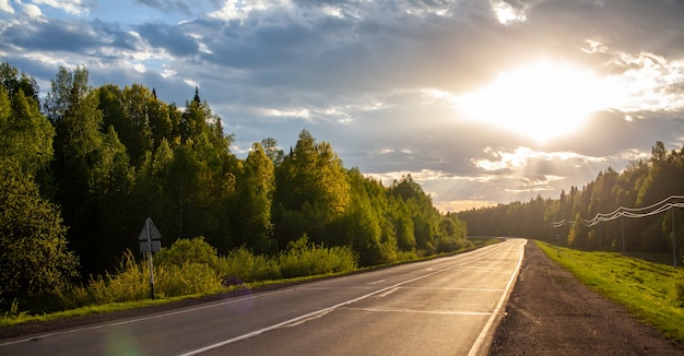 Photo country road with markings in the middle of the forest. path and forward movement in the sun. beautiful, green forest in the spring at sunset. concept for success in the future goal and passing time