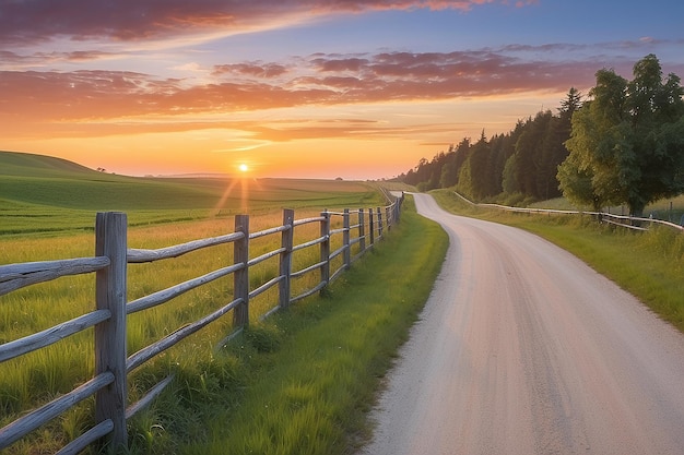 A country road with a sunset and a fence