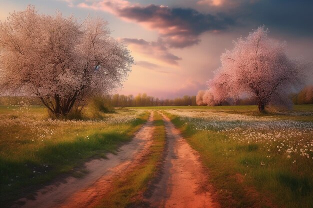 A country road with trees and flowers in the foreground.