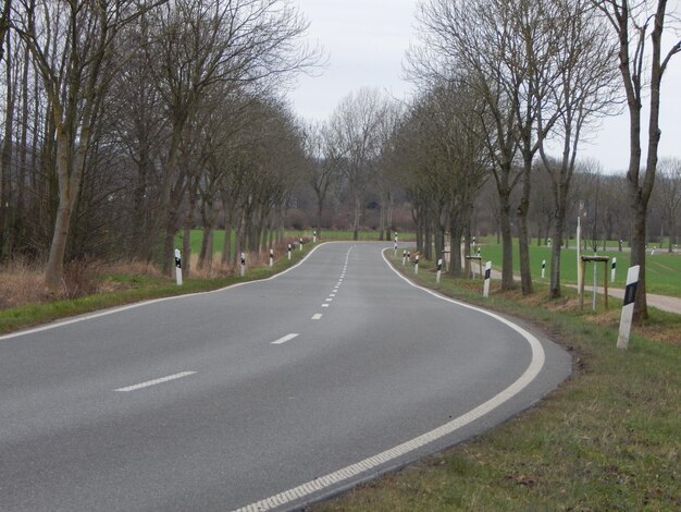 A country road with a white line marking the road.