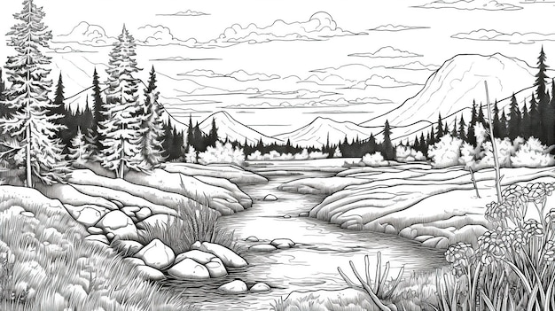 Country scene with a creek clear vector lines coloring page style Generative AI