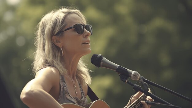 Country Singer Female Caucasian Mature Performing live music for an audience singing country songs in Outdoor stage Generative AI AIG22