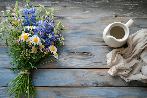 Country Spring Charm Wildflowers and Linen on Wooden Surface