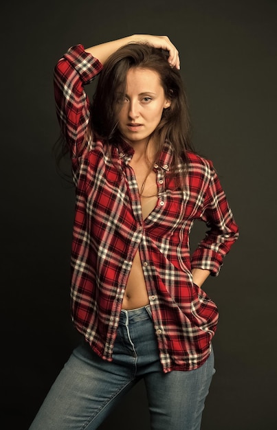 Country style woman wear checkered shirt rustic and country
attractive girl sexy people youth fashion fashionable outfit simple
casual clothes feeling comfortable country music concept