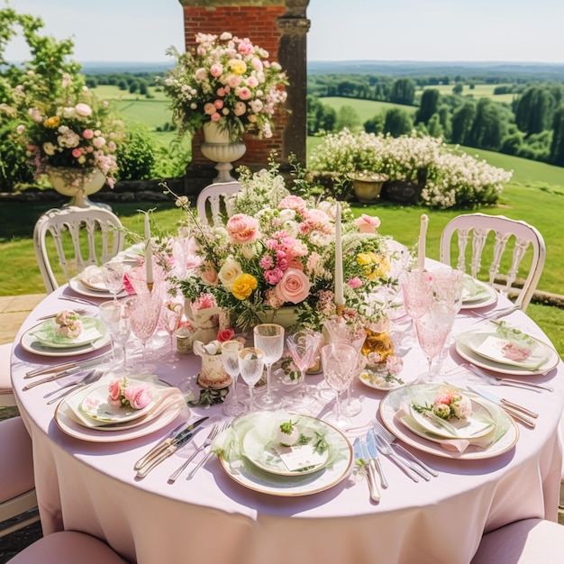 カントリー テーブルスケープ フォーマル ディナー テーブル設定テーブル スケープ、イチゴの装飾、結婚式のパーティーや休日のイベントのお祝いの後処理生成 AI