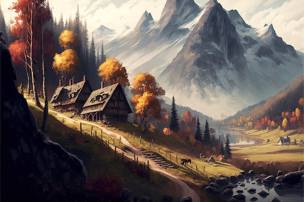 Countryside in autumn, forest and mountains, landscape\
painting, medieval