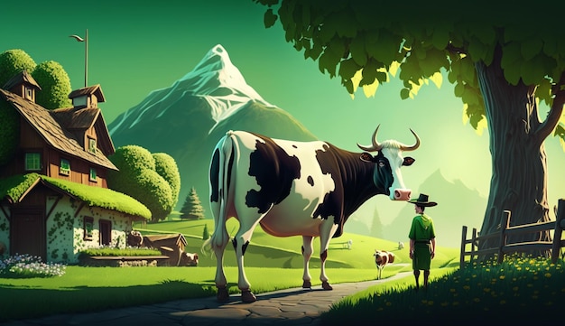 田舎の牛農家有機農業緑の背景イラスト画像AI生成アート