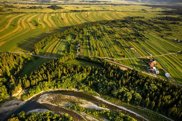시골 폴란드 공중 무인 항공기 보기에서 시골 농장 필드