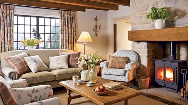 Countryside farmhouse interior design home decor sitting room and living room with fireplace sofa and furniture in English country house and elegant cottage style inspiration