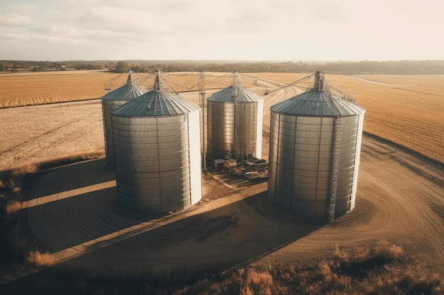 Countryside Harvest Aerial Shot of Silos and Fields