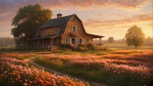 Photo countryside house surrounded by spring blooms