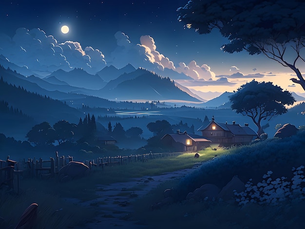 Countryside landscape in the night illustration