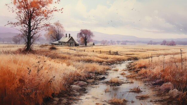 A countryside landscape watercolor textured paper cool tones AI Generative