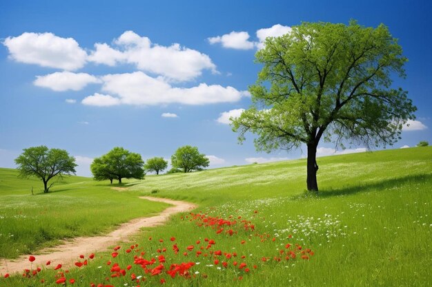 Foto paesaggio di campagna con papaveri rossi