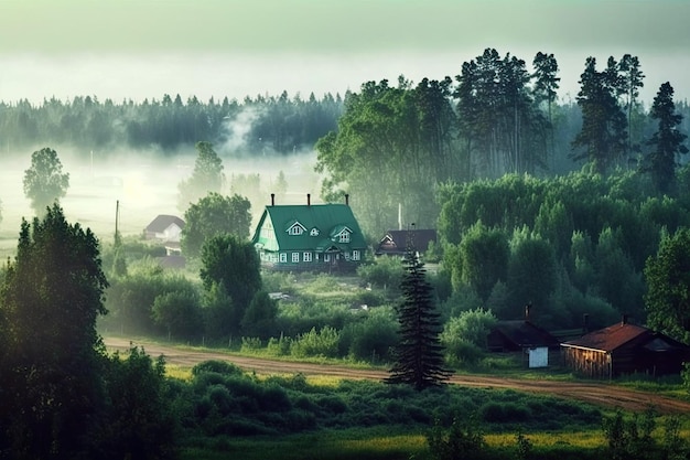 Countryside mist in the early morning Charming forest village seen from afar