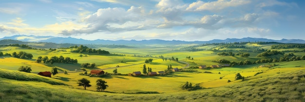 Countryside at the morning photo realistic illustration