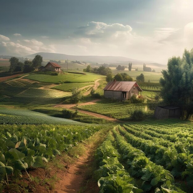Countryside in the morning with fog and fields of green lettuce