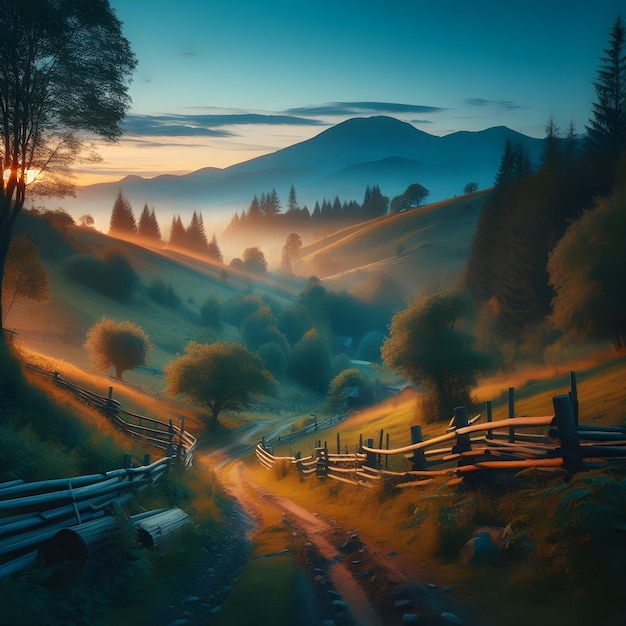 Countryside peaceful natural landscape Misty fall afternoon with the golden light of the sun