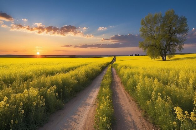 Countryside road in a canola field at sunset