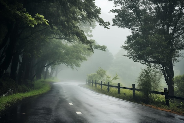 Countryside road drenched in extreme heavy rain Generative AI