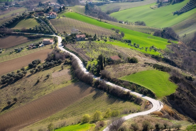 Countryside road among green agricultural fields and hills