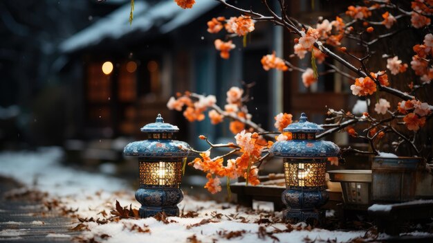 Countryside in the snow at night chinese lanterns are hung on the eaves