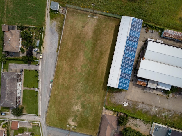 Countryside soccer field aerial view panorama