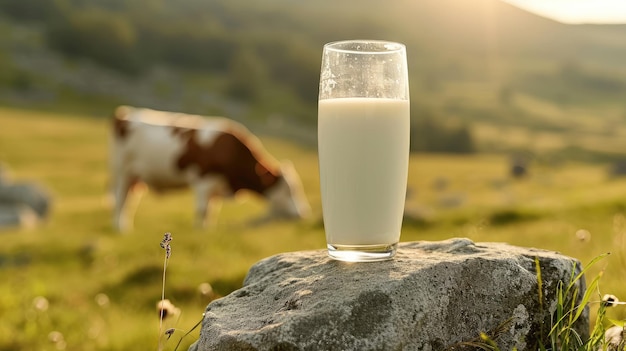 Countryside tranquility captured in a glass of pure fresh milk