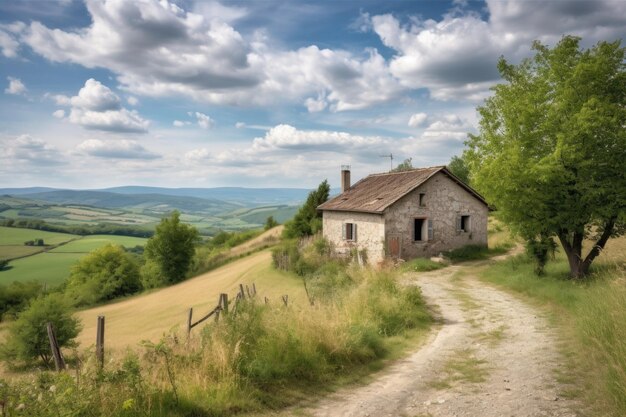 Foto vista sulla campagna con dolci colline e pittoresco casale creato con ai generativo