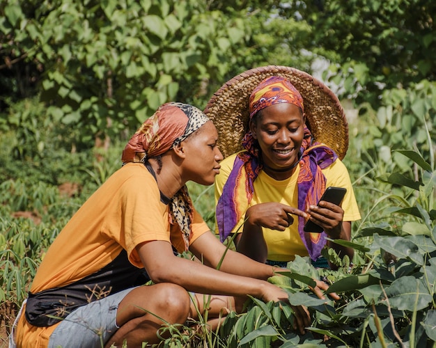 Countryside women browsing a phone together