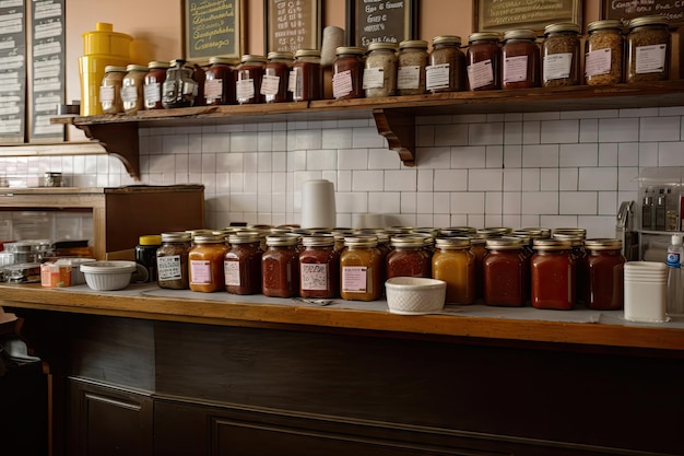 Countrystyle restaurant with jars of homemade sauces and seasonings on the counter