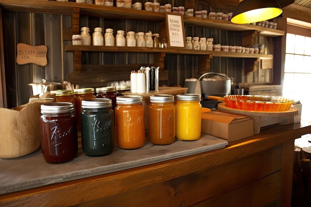 Countrystyle restaurant with jars of homemade sauces and seasonings on the counter