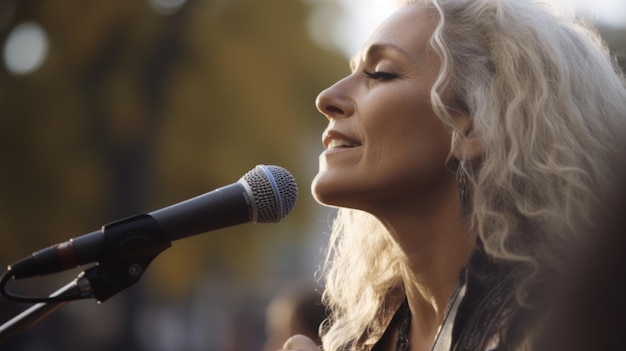 Countryzangeres Vrouw Kaukasisch Volwassen Livemuziek uitvoeren voor een publiek dat countryliedjes zingt in het buitenpodium Generatieve AI AIG22