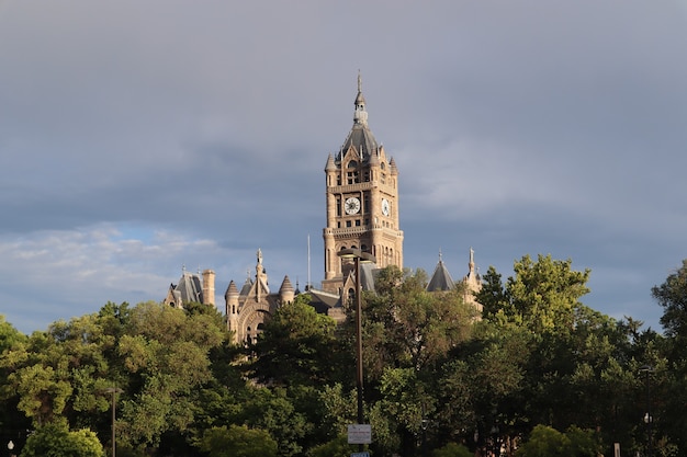 Башня с часами County Building, выходящая из деревьев в Солт-Лейк-Сити, штат Юта