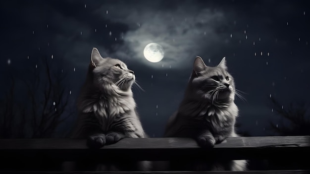 Couple of adorable cats sitting on fence in front of full moon night sky neural network generated image