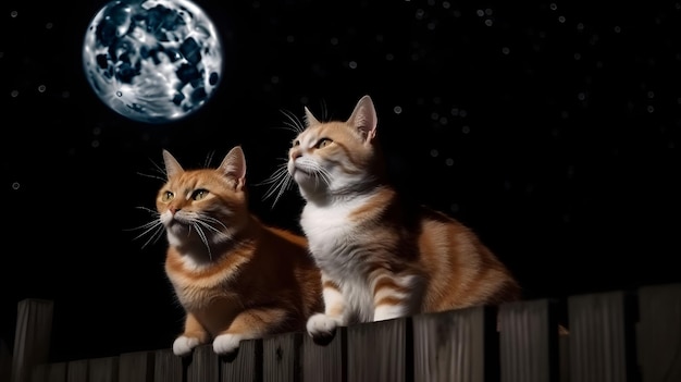 Couple of adorable cats sitting on fence in front of full moon night sky neural network generated image