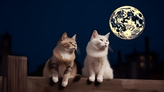 Couple of adorable cats sitting on fence in front of full moon night sky neural network generated image