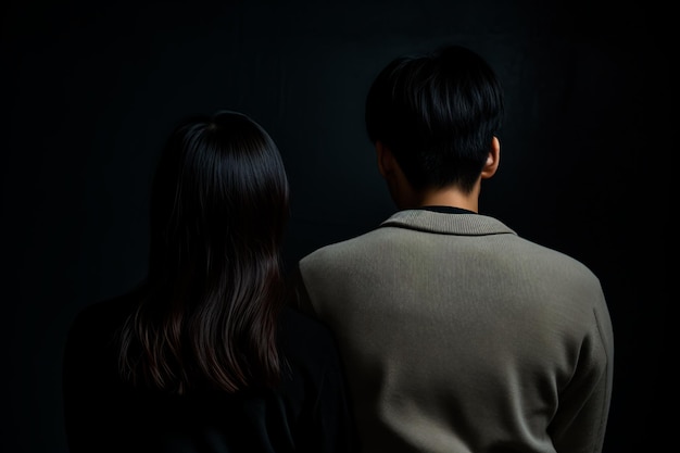 Couple against dark background backs touching symbolizing relationship cooling Beautiful view