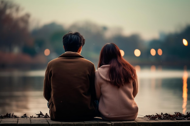 Couple against river background backs touching symbolizing relationship cooling Beautiful view
