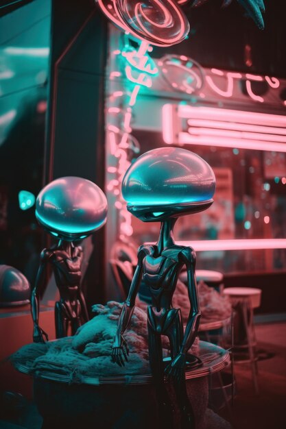 Photo a couple of alien statues sitting on top of a table generative ai image