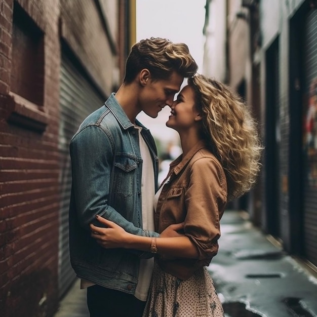 Couple in an alley with a brick wall and the word love on the front