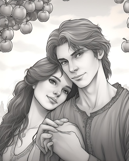 Photo couple in apple orchard coloring page