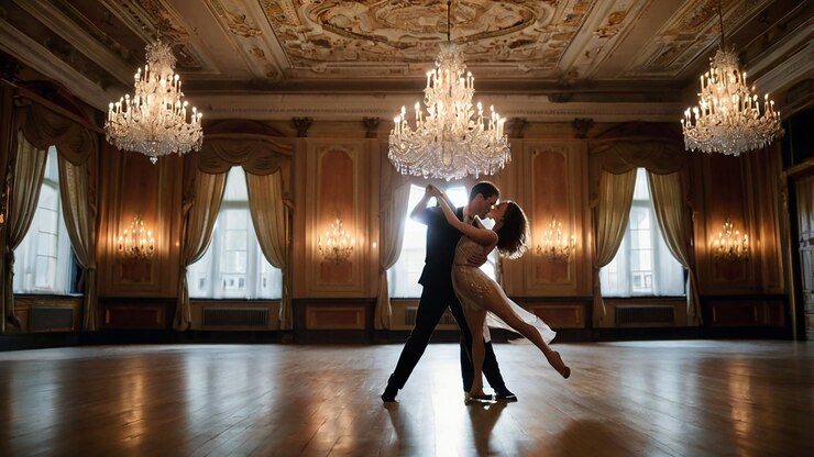 Photo the couple are dancing in a ballroom with chandeliers hanging from the ceiling
