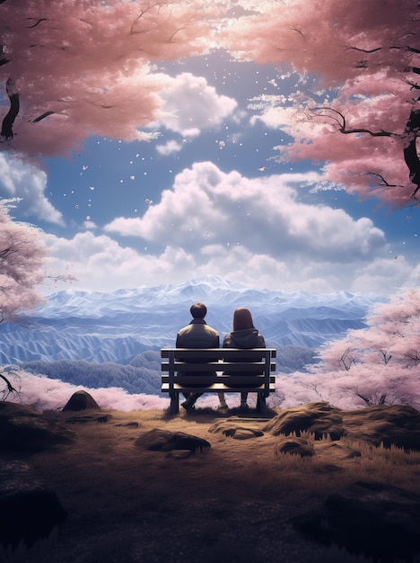 Пара сидит и смотрит на цветы перед горой.