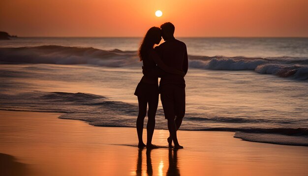 a couple are standing on the beach and the sun is setting