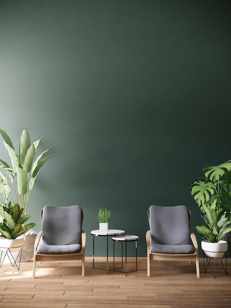 couple armchair in living room and green wall,decorate with plant. 3d illustration