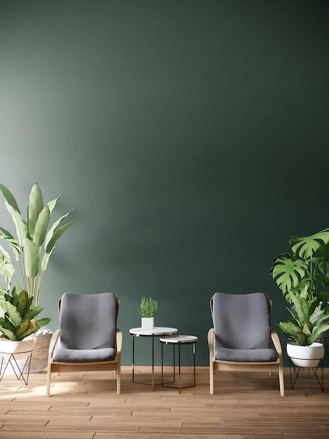 Couple armchair in living room and green wall,decorate with plant. 3D illustration